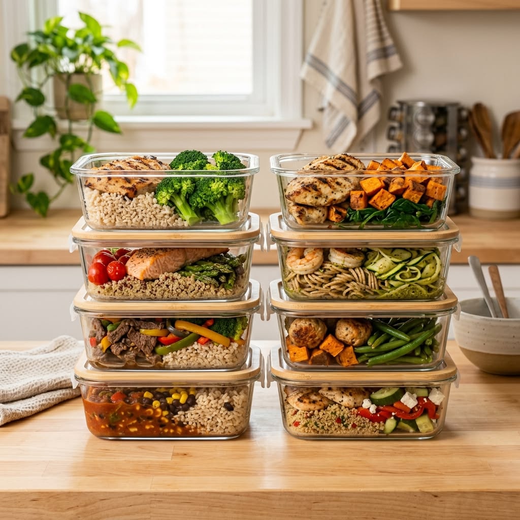 Visual representation of modular meal components arranged in organized blocks